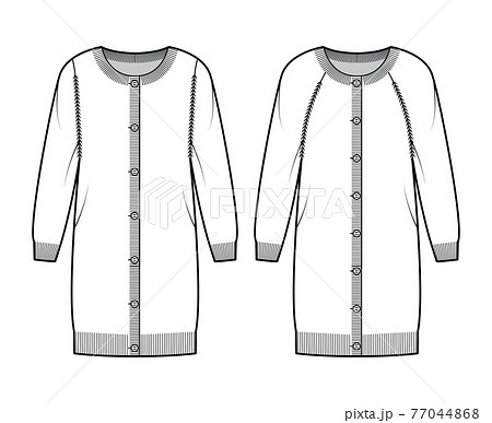 Set of Round neck cardigan dress technical fashion illustration with long raglan sleeves, relax body, knee length 77044868