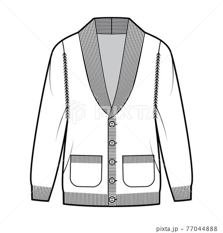Cardigan Shawl collar Sweater technical fashion illustration with long sleeves, oversized, knit rib trim, button closure 77044888