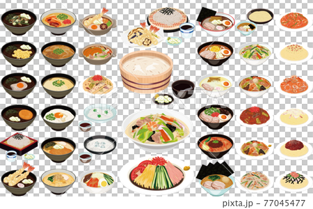 麺類の人気メニューイラスト①（そば、うどん、ラーメン、パスタ） 77045477
