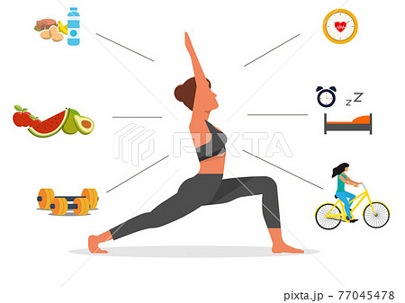 Young women doing yoga poses, show their muscle strength through exercise and health care. Flat style cartoon illustration vector 77045478