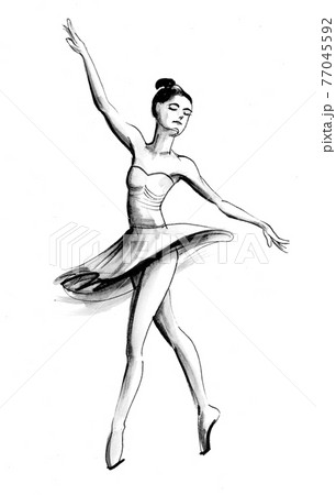 Beautiful dancing ballerina. Ink black and white drawing 77045592