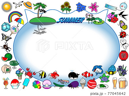 夏のアイコンに囲まれた金魚鉢のフレームのイラスト素材