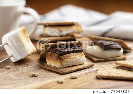 焼いたマシュマロとチョコレートをクラッカーに挟んだスモア 77047337