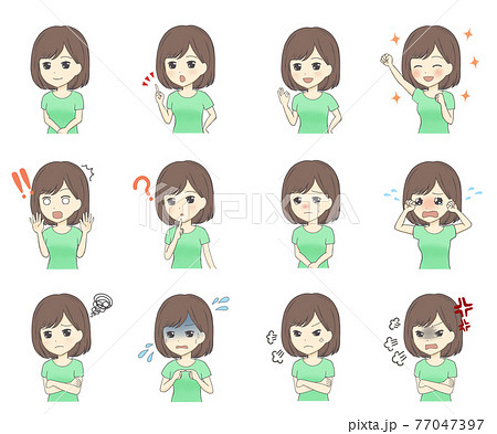 女の子の喜怒哀楽の表情のイラスト素材