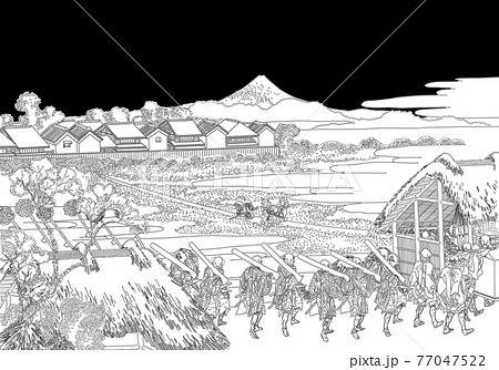 葛飾北斎イメージ従千住花街眺望ノ不二 線黒バック 葛飾北斎イメージ従千住花街眺望ノ不二 線黒バック 77047522