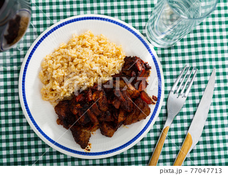 Homemade tasty grilled beef stroganoff with basmati rice Homemade tasty grilled beef stroganoff with basmati rice 77047713