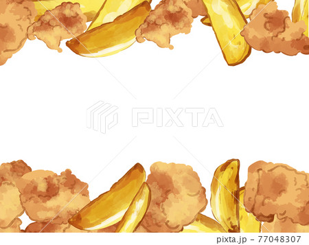 水彩の唐揚げとフライドポテト上下フレームのイラスト素材 水彩の唐揚げとフライドポテト上下フレームのイラスト素材