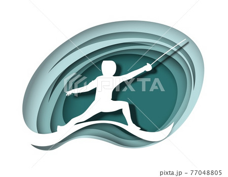 Fencer athlete with sword white silhouette, vector paper cut illustration. Fencing sport competition. Sword fighting. Fencer athlete with sword white silhouette, vector paper cut illustration. Fencing sport competition. Sword fighting. 77048805
