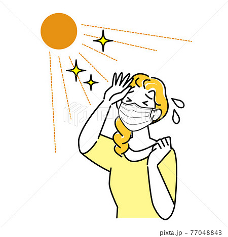 夏にマスクを着用していて暑苦しく汗をかいている女性 イラスト シンプル ベクター 77048843