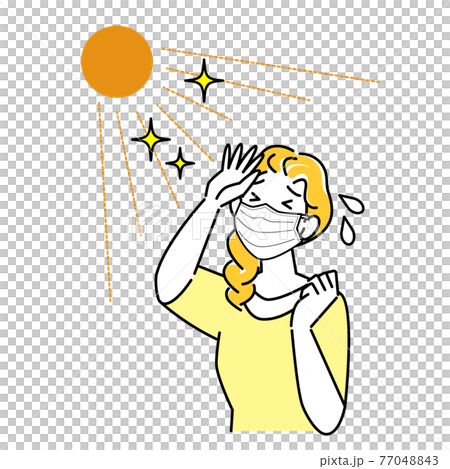 夏にマスクを着用していて暑苦しく汗をかいている女性 イラスト シンプル ベクター 77048843