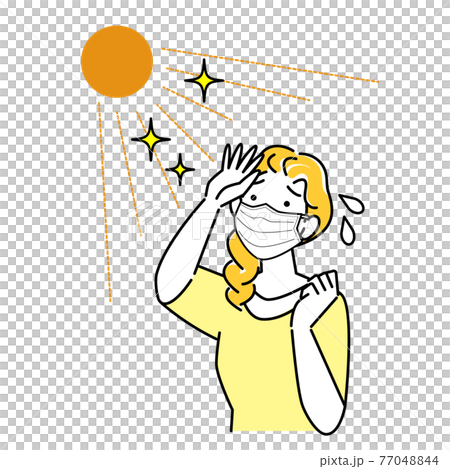 夏にマスクを着用していて暑苦しく汗をかいている女性 イラスト シンプル ベクター 77048844