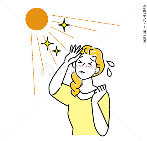 夏の太陽で日焼けして肌がヒリヒリしている女性 暑苦しくて汗をかいている イラスト シンプル ベクター 77048845