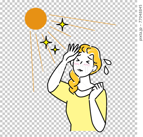 夏の太陽で日焼けして肌がヒリヒリしている女性 暑苦しくて汗をかいている イラスト シンプル ベクター 77048845