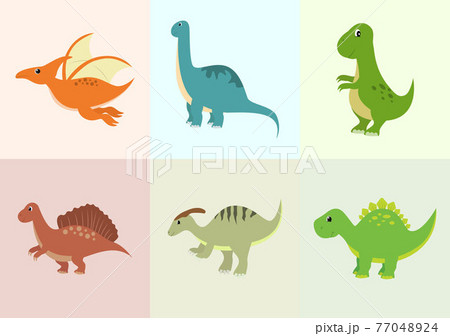 Cute Dinosaurs Cartoon Characters Illustration as Spinosaurus, Parasaurolophus, Stegosaurus, Tyrannosaurus, Pterodactyl, and Diplodocus. Wallpaper Background Template 77048924