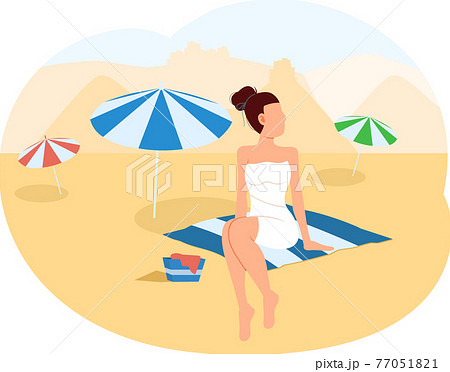 Summer tourism in city in South Korea. Female character rests and spends time on sandy beach 77051821