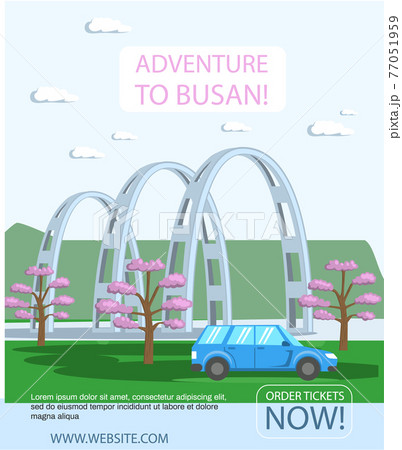 Exciting vacation in major port city Busan tourist travel promotion poster with cityscape summertime Exciting vacation in major port city Busan tourist travel promotion poster with cityscape summertime 77051959