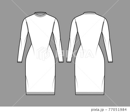 Dress Fisherman Sweater technical fashion illustration with crewneck, fitted body, knee length, knit trim. Flat Dress Fisherman Sweater technical fashion illustration with crewneck, fitted body, knee length, knit trim. Flat 77051984