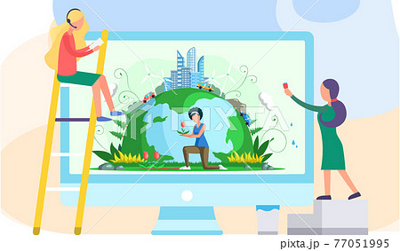 Computer screen with girl caring for Earth flower. People work with banner on environmental theme Computer screen with girl caring for Earth flower. People work with banner on environmental theme 77051995