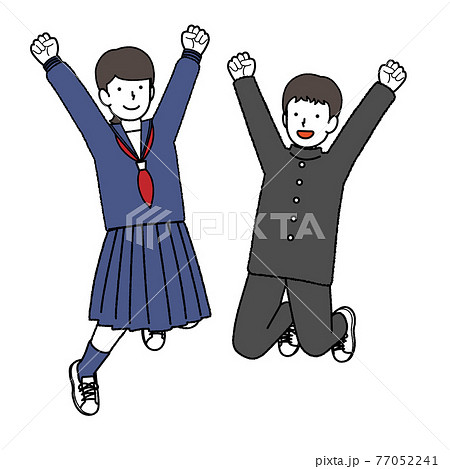ジャンプする学ランとセーラー服の男女の学生 77052241