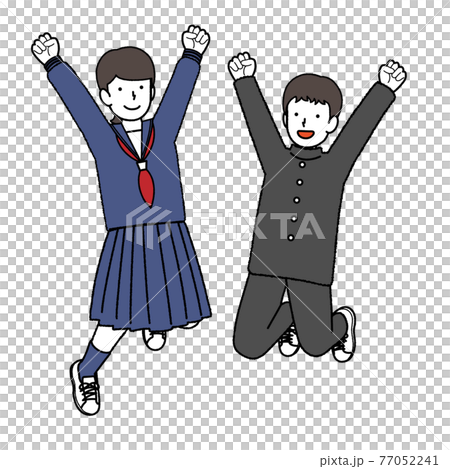 ジャンプする学ランとセーラー服の男女の学生 77052241