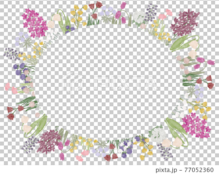 手描き花柄の楕円形フレーム 白背景 手描き花柄の楕円形フレーム 白背景 77052360