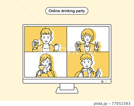 オンライン飲み会をする若い男女　リモート飲み会　宅飲み　忘年会　モニター　イラスト素材 77052363