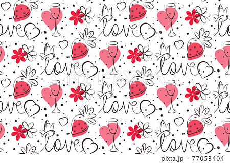 Doodle love seamless pattern. Sketch ink brush hand drawn grey contour line. Cute cartoon festive style. Pink heart, strawberry elements, text lettering. White editable background 77053404