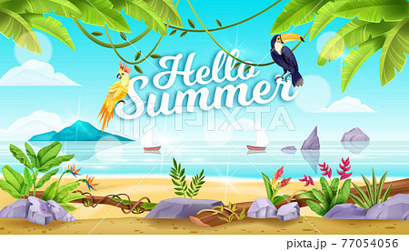 Hello summer vector beach landscape, tropical birds, toucan, parrot, liana, ocean, sand, stone 77054056