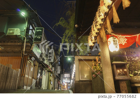 コロナ禍で閑散とした大阪千日前　法善寺横丁　猫　夜【2021年4月】 77055682