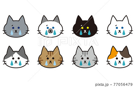 泣いている様々な猫種の顔アイコンセットのイラスト素材