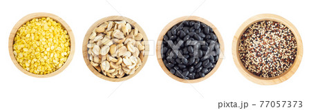 Rosted peanuts, peeled mung bean, black beans seed, quinoa  in wooden bowl isolated on white background, health care and medical concept 77057373