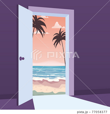 Open Door to nature way. Landscape sea, ocean, island, tropical, palms, symbol freedom, new way exit, discovery, opportunities. Motivation concept to real world. Vector illustration cartoon style 77058377