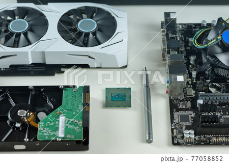 Computer parts. Processor, motherboard, hard drive, video card. 77058852
