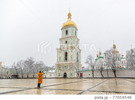 Kyiv, Ukraine - March, 22, 2020: Kyiv without people. St. Sophia Cathedral. Sofievskaya square. Kyiv, Ukraine - March, 22, 2020: Kyiv without people. St. Sophia Cathedral. Sofievskaya square. 77059546