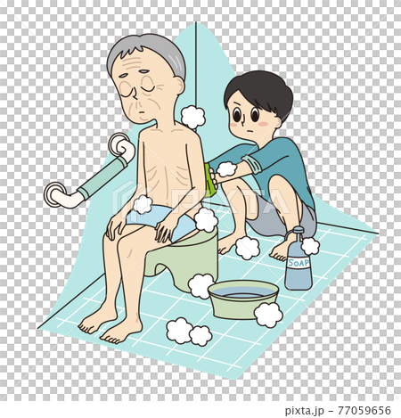 Young carer (male student) helping grandpa take a bath 77059656