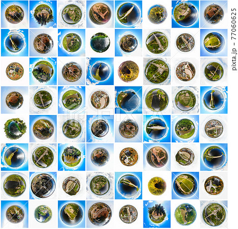 Set of a three dimensional panoramic views of places in Finland in a mini planet panorama style. Full size. Set of a three dimensional panoramic views of places in Finland in a mini planet panorama style. Full size. 77060625