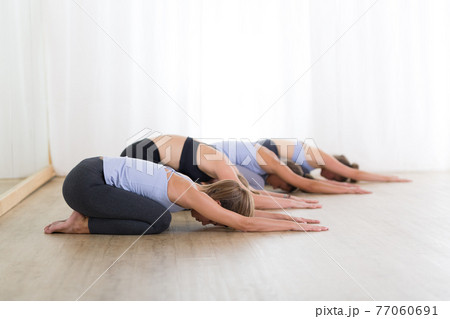 Group of young sporty women in yoga studio, practicing yoga. Healthy active lifestyle, working out indoors in gym 77060691