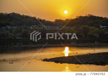 日の出 夕焼け 湖 77060762