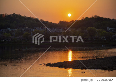 日の出 夕焼け 湖 77060782