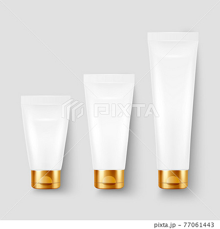 Vector 3d Realistic Plastic, Metal White Tooth Paste, Cream Tube, Packing with Golden Cap Set Isolated on White Background. Design Template of Toothpaste, Cosmetics, Cream for Mockup. Top View 77061443