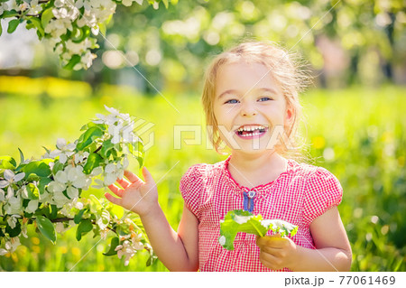 Happy little girl in apple tree garden Happy little girl in apple tree garden 77061469