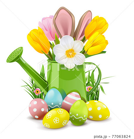 Vector Easter Watering Can with Rabbit 77063824