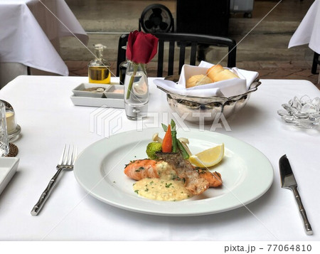 Scene of having European food. Nobody. 77064810