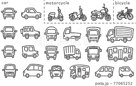 車とバイクと自転車のアイコンセット 手書き風線画 上弦分類バージョンのイラスト素材