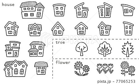 家と木と花のアイコンセット 手書き風線画 上弦分類バージョンのイラスト素材