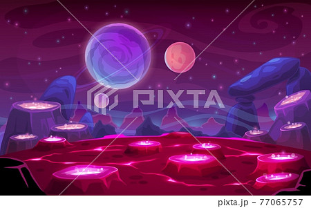 Volcanoes or geysers on fantasy planet surface 77065757