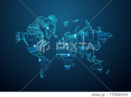 Abstract futuristic map of world. Circuit Board Design Electric of the region. Technology background. mash line and point scales on dark with map. Abstract futuristic map of world. Circuit Board Design Electric of the region. Technology background. mash line and point scales on dark with map. 77066040
