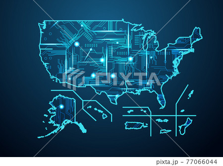 Abstract futuristic map of usa Territories. Circuit Board Design Electric of the region. Technology background. mash line and point scales on dark with map. 77066044