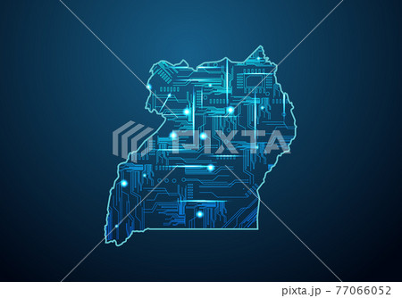 Abstract futuristic map of uganda. Circuit Board Design Electric of the region. Technology background. mash line and point scales on dark with map.