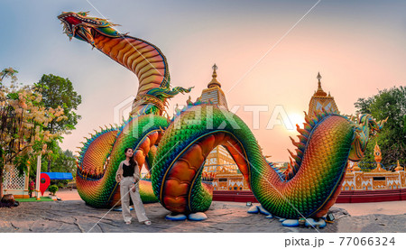 Rainbow carve serpent or colorful Thai Naga and asian woman standing in the sunset at Wat Phra That Nong Bua temple 77066324